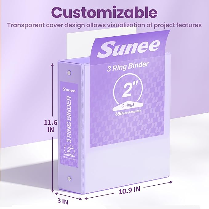 SUNEE 3 Ring Binder 2 Inch 2 Pack, Clear View Binder Three Ring PVC-Free (Fit 8.5x11 Inches) for School or Office Supplies, Purple