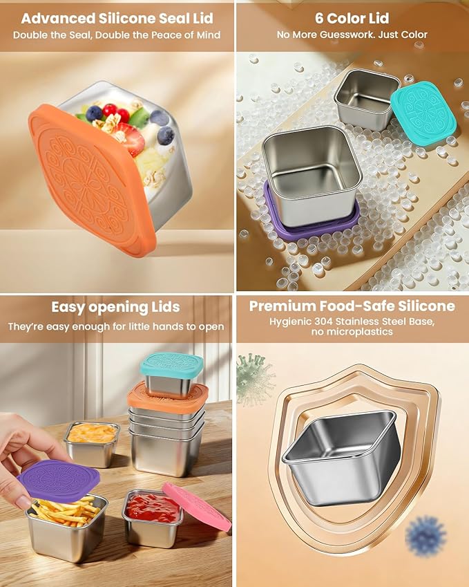 12Pack Small Stainless Steel Snack Containers with Lids, 6oz & 2oz Reusable Leakproof Sauce Condiment Cups, Salad Dressing Containers To Go for Adults LIttle One Lunch, Bento Box, Picnic and Travel