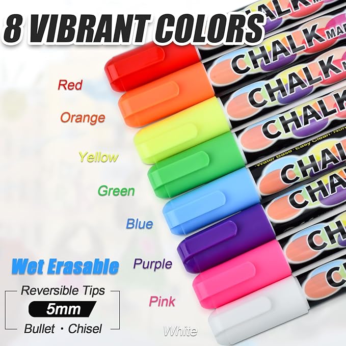 MAGXCENE Liquid Chalk Markers, Wet Erase Markers for Blackboards Bold Color Neon Chalk Marker Erasable Whiteboard Marker for Glass, Chalk Pens for Windows, Mirror Reversible Tip 5mm, 8Pack