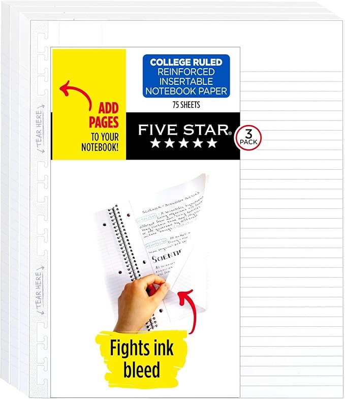 Five Star Insertable Loose Leaf Paper, 3 Pack, Notebook Paper, College Ruled Filler Paper to Add Pages, Reinforced, 8-1/2" x 11", 75 Sheets per Pack (52168)