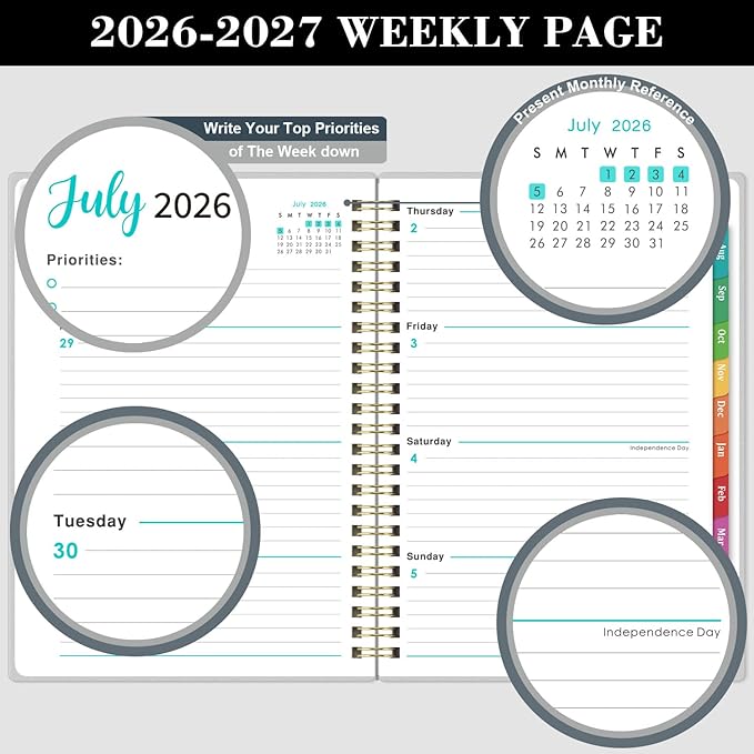 Planner 2026-2027 - Academic Planner 2026-2027, Jul. 2026 - Jun. 2027, 6.3'' x 8.4'', Weekly and Monthly Planner 26-27 with Back Pocket, Transparent PP Cover, Colorful Monthly Tabs