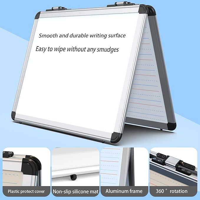 Dry Erase Board, 17x13 inch with 4 Sides Magnetic Whiteboard, A3 Foldable Small White Board with Lines, Perfect for Office, School, and Home. (Silver)