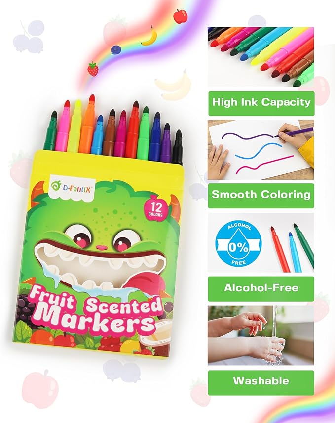 D-FantiX 24 Packs Fruit Scented Washable Markers Bulk, 288 Count Coloring Markers for Kids Party Favors, Preschool Classroom Must Haves and Rewards, Back to School Supplies for Girls Boys