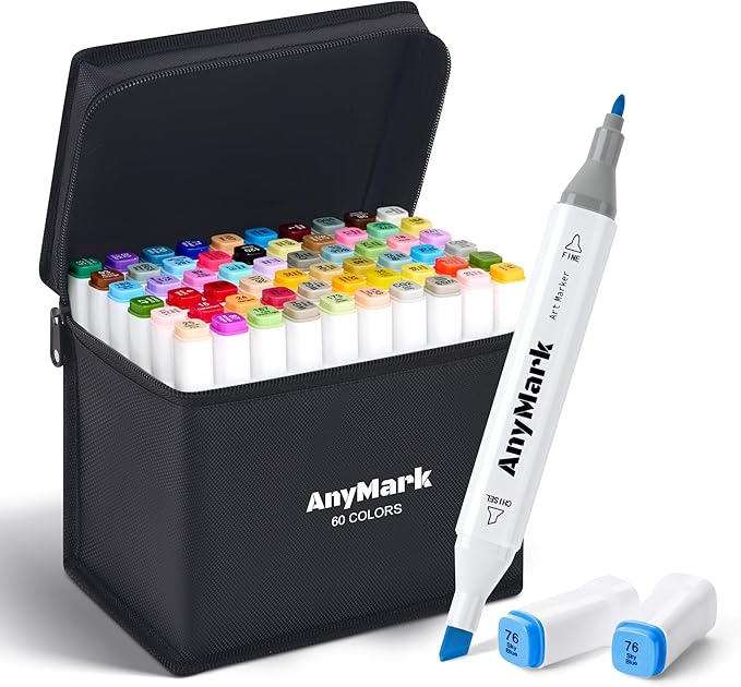 AnyMark Alcohol Markers, 60 Colors Dual Tip Art Coloring Markers Set for Adult Book Drawing Sketching Painting, Chisel & Fine, White Penholder