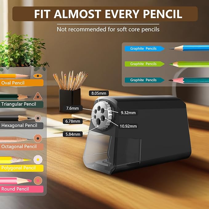 Heavy Duty Electric Pencil Sharpener – 6-Hole Design, Auto Start/Stop, Large Shavings Bin, Safe & Fast 4s Sharpening, Durable Zinc Alloy Blade – Great for School & Office Use