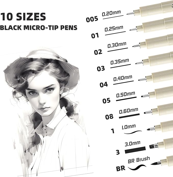 MIPOR PEN LINE Black Fineliner Set 10pcs, Micro-Line Drawing Pens with Multiple Nib Sizes for Art Sketching, Illustration, Technical Drawing