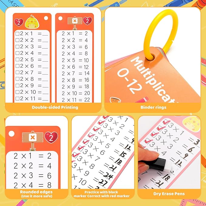 12Set 15Pcs Multiplication Flash Cards, Multiplication Chart 0-12 with 2 Dry Erase Pens 1 Rings, Time Table Flash Cards for 1st to 3rd Grades Fun Learning with Math Game
