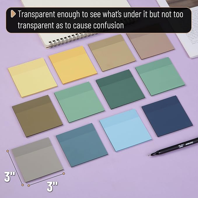 Mr. Pen- Transparent Sticky Notes, 3" x 3", 12 Pads, 600 Sheets, See Through Self-Adhesive Notes for Bible Journaling and Studying, Water-Resistant, Easy to Peel, Clean Removal