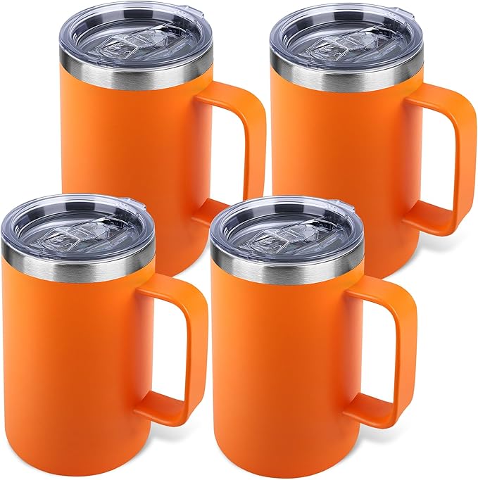22oz Insulated Coffee Mug with Handle & Leak-Proof Lid - Double Wall Stainless Steel Travel Tumbler Bulk for Commute/Office/Home, Orange, 4 Pack