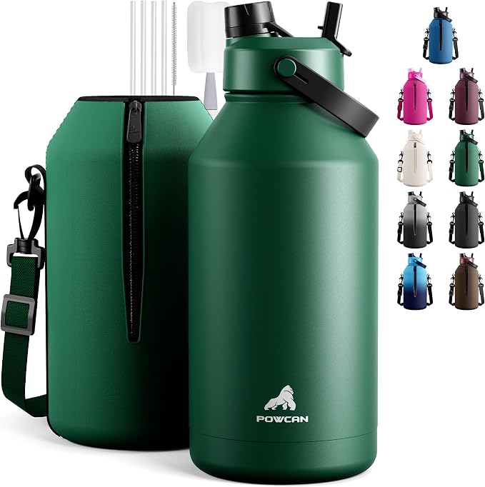 POWCAN 64 oz Insulated Water Bottle with Carrier Bag, 2-in-1 Straw & Spout Lid, Leakproof, Keep Cold 48H, BPA-Free, Stainless Steel Water Bottle with handle for Workout, Trip and Fitness (Forest)