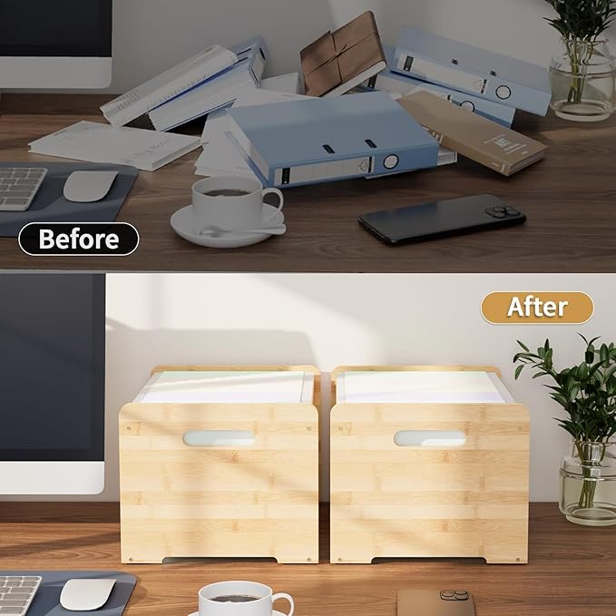 2 Pack Bamboo Hanging File Organizer, Office Desk File Organizer for Letter Size, Wood Hanging File Folders Organizer Record Holder Storage Stand Bookshelf Easy Assembly for Home, Natural