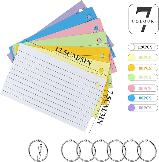 Tecmisse 600 Pieces Index Cards Rulded, Colorful Flash Cards 3 x 5 Index Card with Rings, Heavy Study Cards, Note Cards Punched for School Learning, Office and Home Uses (7-Color Thickened)