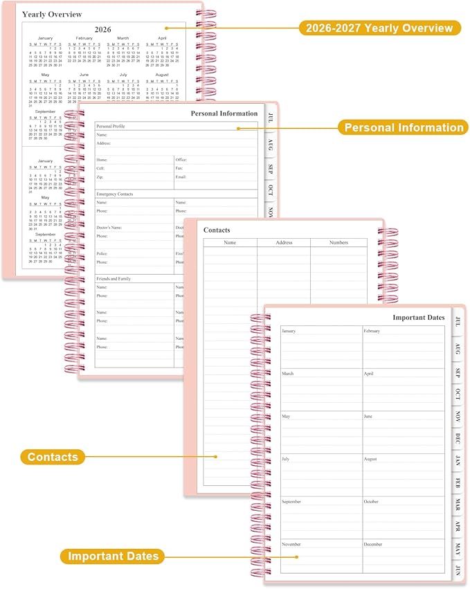 Planner 2026-2027 - Academic Planner from July 2026 to June 2027, Weekly & Monthly Planners Spiral Bound with 12-Month Tabs, Inner Pocket, 6.25" x 8.5", Pink