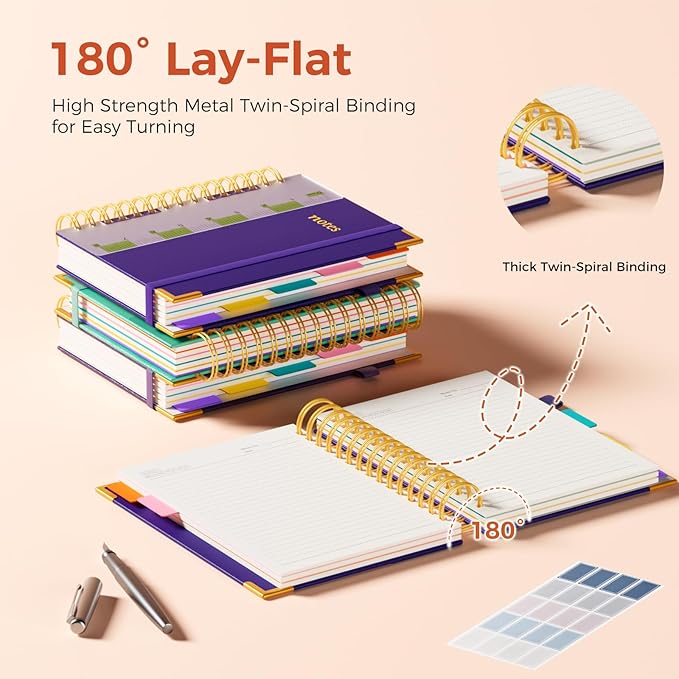 XYark A5 Hardcover Spiral Notebook, 6.3"x8.5" College Ruled Notebooks with Removable Dividers Tabs & Ruler, 5 Subject Notebook 300 Pages, Small Lined Journal for Women Men School Work Office, Purple