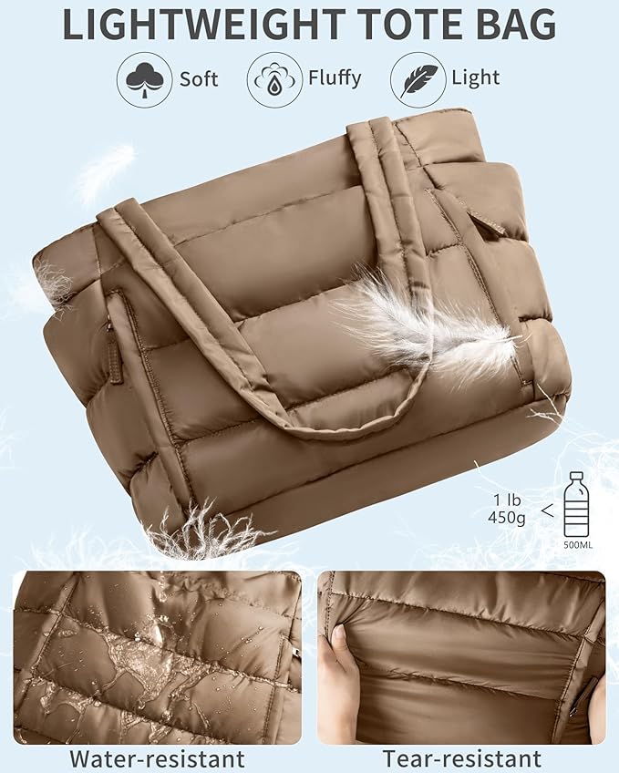 Bagstellar Puffer Tote Bag for Women, Lightweight Puffy Work Handbag Teacher Nurse Quilted Shoulder Bag for School Travel Gym | Cloud Bag w/ Zipper
