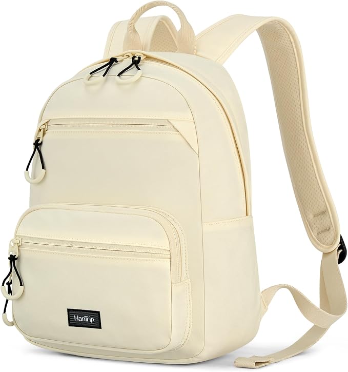 HanTrip 13 Inch Mini Small Travel Backpack Cary on For Women Men, Offwhite | 13L Capacity, Lots of Pockets, Padded Shoulder Strap, Lightweight, Water Resistant, Bookbag for College, Commuter, Work