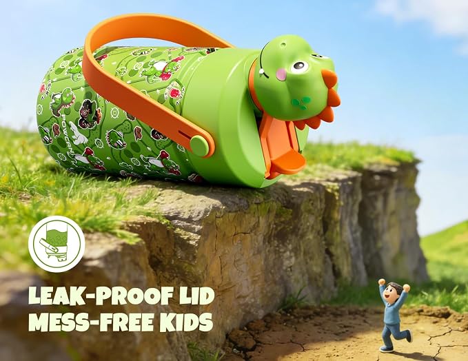 POWCAN Kids Water Bottle for School: 2-in-1 Straw Spout Lid with Soft Animal Head, Leakproof, Backpack Friendly, Keep Cold 24H, Insulated cup for Sports, Playground, Holiday Gift, Cowboy Rex 12 Ounces