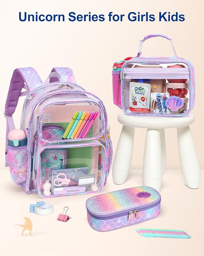 Bagseri Kids Clear Lunch Bag - Girls Lunch Box for School Reusable Snack Bag with Water Bottle Holder Stadium Approved Clear Bag, Purple Mermaid Shell