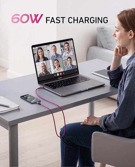 USB C Cable Fast Charging 60W [2Pack 6FT], USB C to USB C Cable for Car Durable Braided iPhone USB Type C Cable USBC to USBC Cord for iPhone 17/16/15/Pro Max, Samsung Galaxy S23 and More-Rose Red
