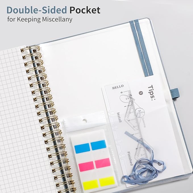 EMSHOI Spiral Graph Notebook, 300 Pages, B5 Large 7.48"x10.15", 100 GSM Thick Paper, PU Leather Hardcover, 5mm Grid Journal for Work School Math Engineering Writing Graphing, Gray Blue