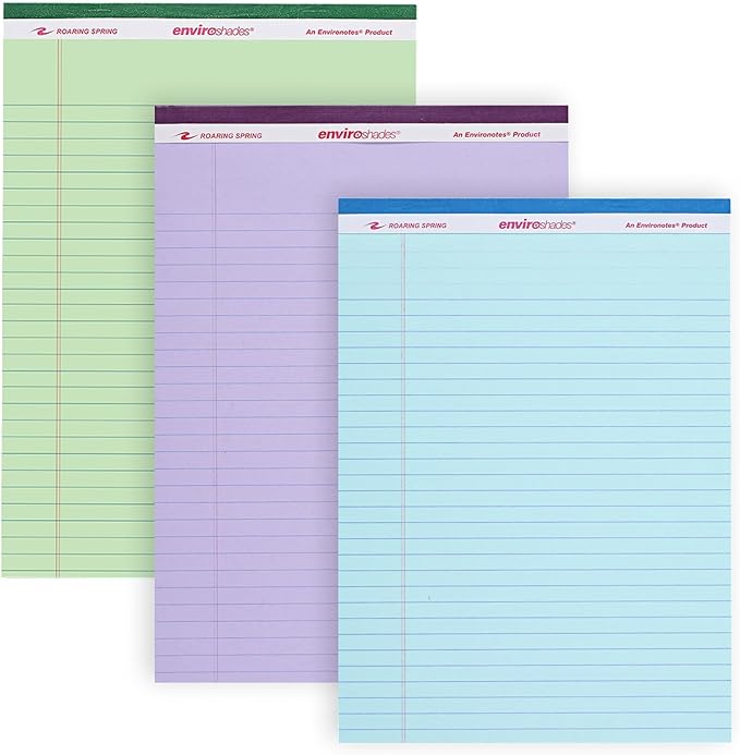 ROARING SPRING Enviroshades Assorted Colored Legal Pads, 3 Pack, Legal Ruled Recycled Writing Note Pads, 8.5" x 11", 40 Sheets, Perforated Paper, Made in USA, Memo Pad For School & Office