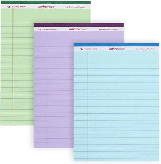 ROARING SPRING Enviroshades Assorted Colored Legal Pads, 3 Pack, Legal Ruled Recycled Writing Note Pads, 8.5" x 11", 40 Sheets, Perforated Paper, Made in USA, Memo Pad For School & Office