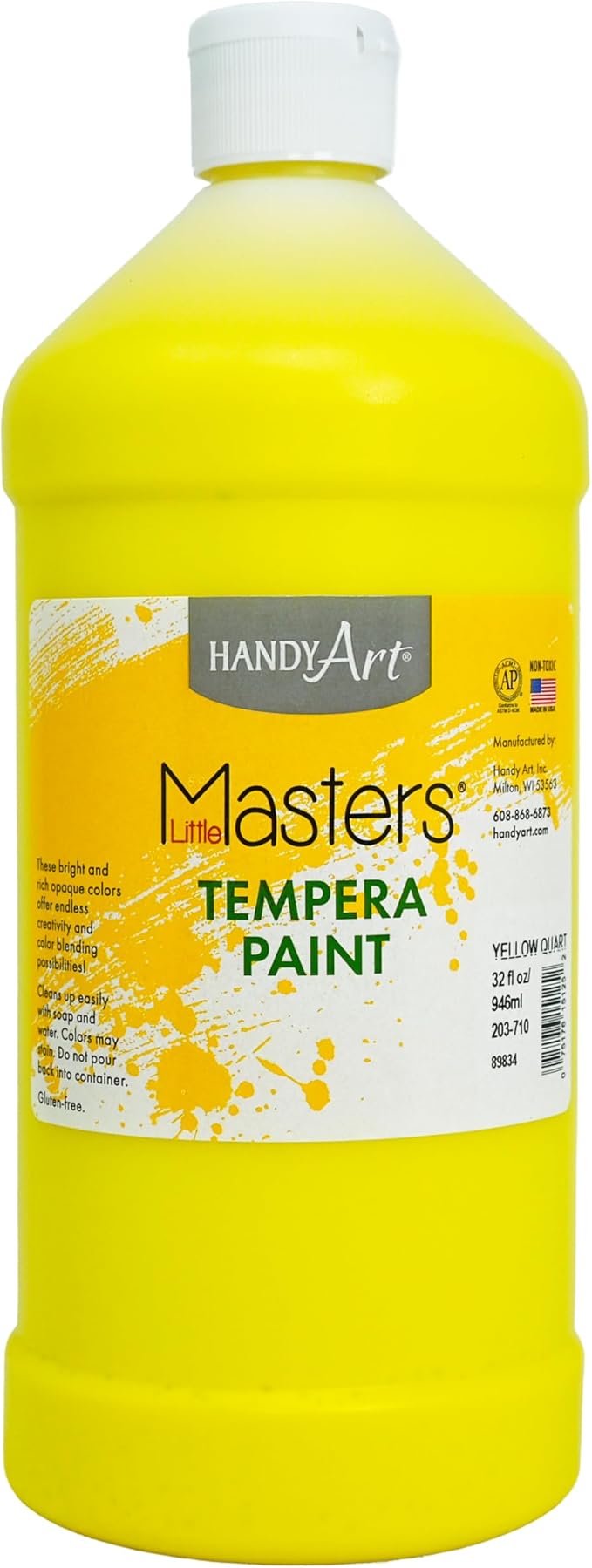 Handy Art Little Masters Tempera Paint, Yellow, 32 oz Bottle, Bright & Mixable, High Opacity, Washable Colors for Classroom, Students, Kids, Young Artists, Safe & Non-Toxic, Made in USA