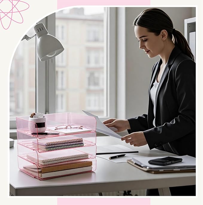 Harloon 4 Tier Pink Acrylic Paper Organizer 13 x 9.8 x 3 Inches Letter Tray Desk File Organizer Stackable Documents Clear Letter Paper Holder Office Tray for A4, Office Home File Desktop Storage