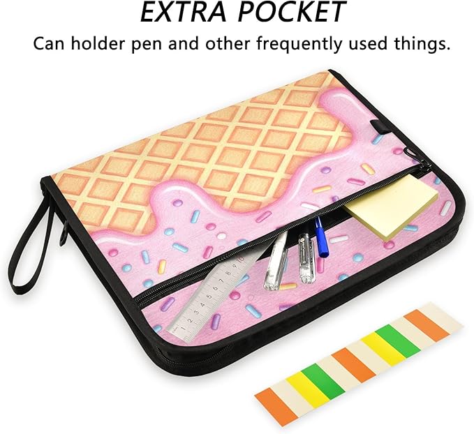 Ice Cream Pink 13 Pocket File Organizer Expanding File Folder with Front Pouch Portable Business File Storage Document Organizer Folder with Zipper