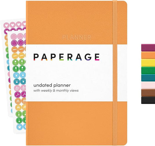 PAPERAGE Undated Weekly & Monthly Hardcover Planner (Marigold), 5.6 in x 8 in, Includes Lined Note Pages & 2 Sticker Sheets