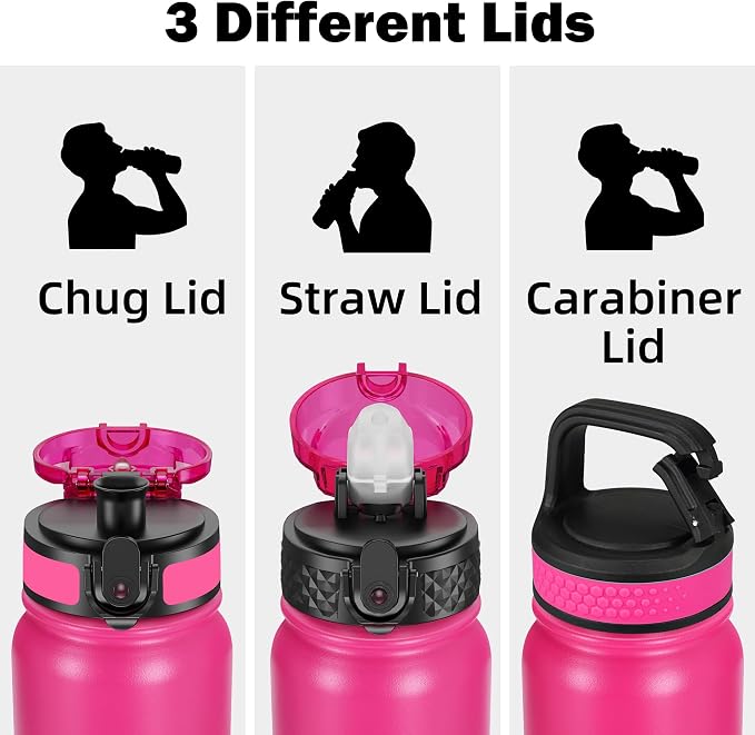 Oldley Insulated Water Bottle 20oz Water Bottles with Straw, Stainless Steel Water Bottle with 3 Lids, Double Wall Vacuum Bottels for Adults School Kids,Leak-Proof Sport Bottles, Rose Red-Green