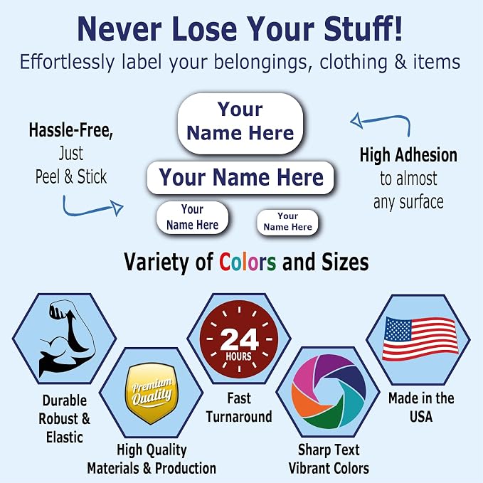 62 Personalized Waterproof Name Labels. Press and Stick Multi use Custom Name Labels. Highly Durable Customized Name Stickers with Permanent Self Adhesive. Great for School, Daycare or Camp.