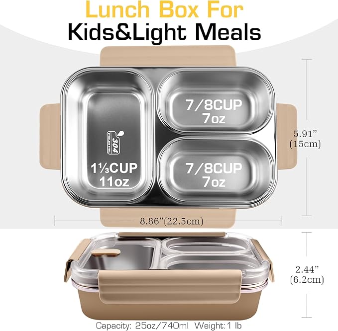 Stainless Steel Lunch Box, 3 Compartments Metal Bento Box for Kids, 25oz Lunch Container with Leakproof Lid, Divided Meal Prep Box for Adults, Kids - Ideal for Office, School, Healthy Eating