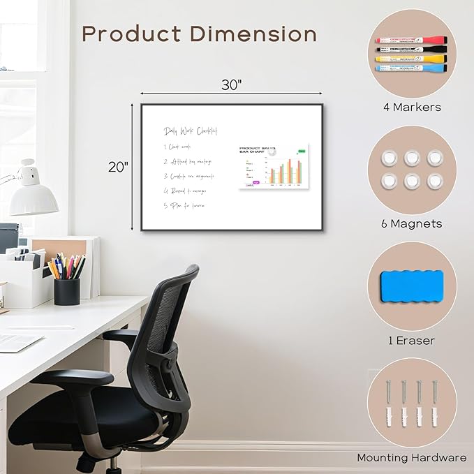Dry Erase White Board, 30" x 20" Magnetic Whiteboard with Black Aluminum Frame, Hanging Writing Board for Home, Office, School