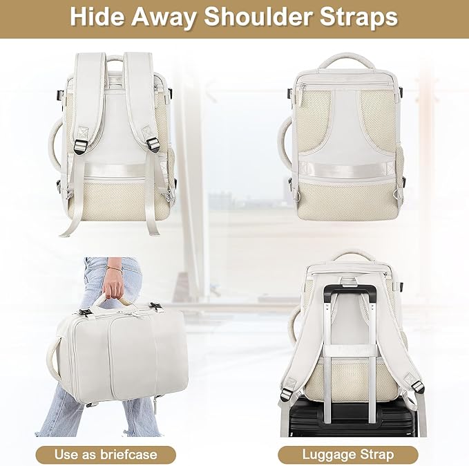 Sinaliy Travel Backpack, Carry on Flight Approved Backpack with Multi-Pockets, TSA Waterproof 17.3inch Laptop Backpack, Personal Item Travel Bag for Men Women, Beige