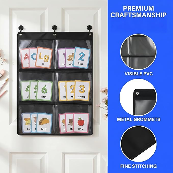 Cididu 2 Pack Pocket Chart for Classroom, Hanging Wall File Organizer with 6 Pocket, 28.3 x 24.2 In, Black Paper Storage for Cards, Drawing, Pictures, Art Display, Office, School
