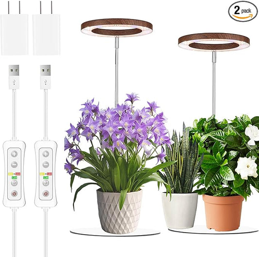 144 LEDs Plant Grow Light for Indoor Plant,Walnut Wood Grain Aluminum LED Grow Light with White Base, Height Adjustable,6.3" Aluminum Housing,Automatic Timer with 8/12/16 Hours,2 Pack