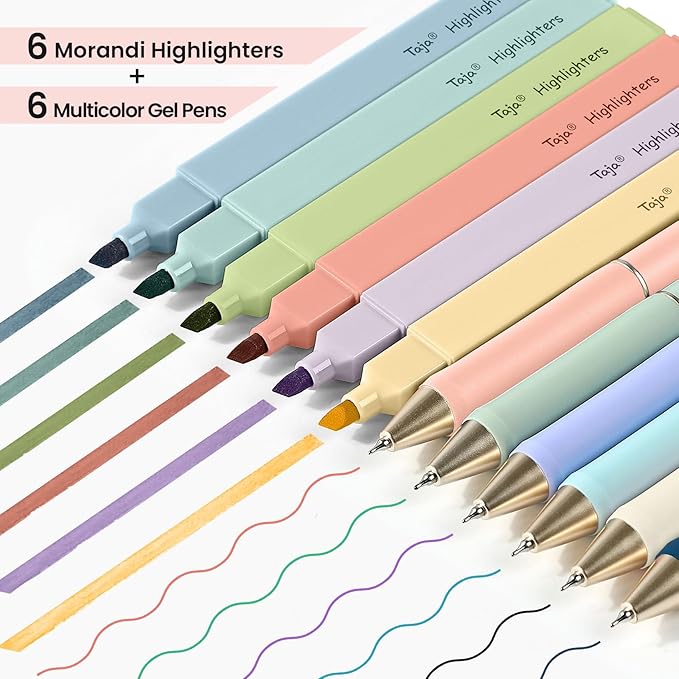 Taja 12 Pack Aesthetic Highlighters and Gel Pens Set, 6 No-Bleed Pastel Highlighters and 6 multicolor Ink Pens for Bible Study, Journaling, School and Office Supplies