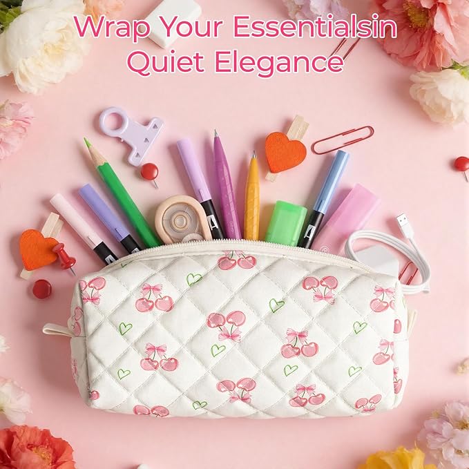 Cute Quilted Pencil Case for Girls Women, Aesthetic Small Floral Pencil Pouch,Slim Soft Pencil Bag for School Supplies Makeup Pouch for School & Daily Use (Cherry Heart)