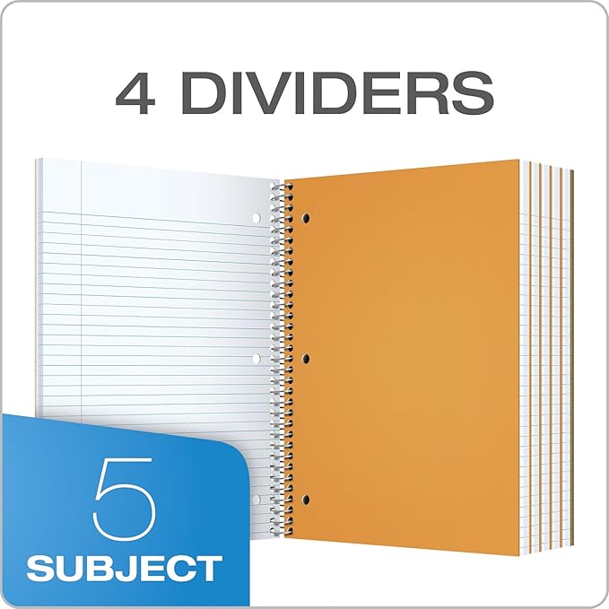 Oxford 5-Subject Notebook, 8-1/2" x 11", College Rule, 200 Sheets, 4 Dividers (65581)