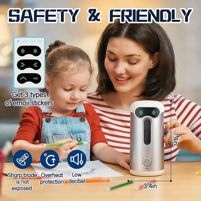 deli Electric Pencil Sharpener, Fully Automatic Pencil Sharpener for 7-11mm Colored/Jumbo Pencils, Auto in & Out, Rechargeable Hands-Free Pencil Sharpener for Classroom Home Office, Low Noise, Silver