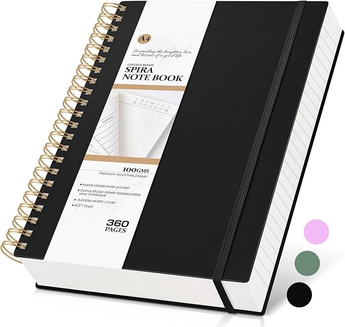 MUAHLIUB Spiral Notebook Journal College Ruled 8.5''x 11'', 360 Pages Lined Thick Journals for Women Men, A4 Large Writing Spiral Journal with 100GSM Paper, Spiral Notebooks for Work, School Black