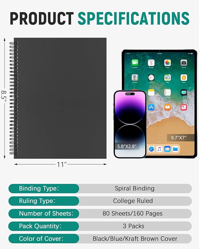 Dynta Large Spiral Notebooks 8.5 "x 11" Lined 3Pcs College Ruled Journal for School, Office,Study and Notes, Good for Students and Office, 160 Pages/80 Sheets with 100 GSM Lined Paper(Black)