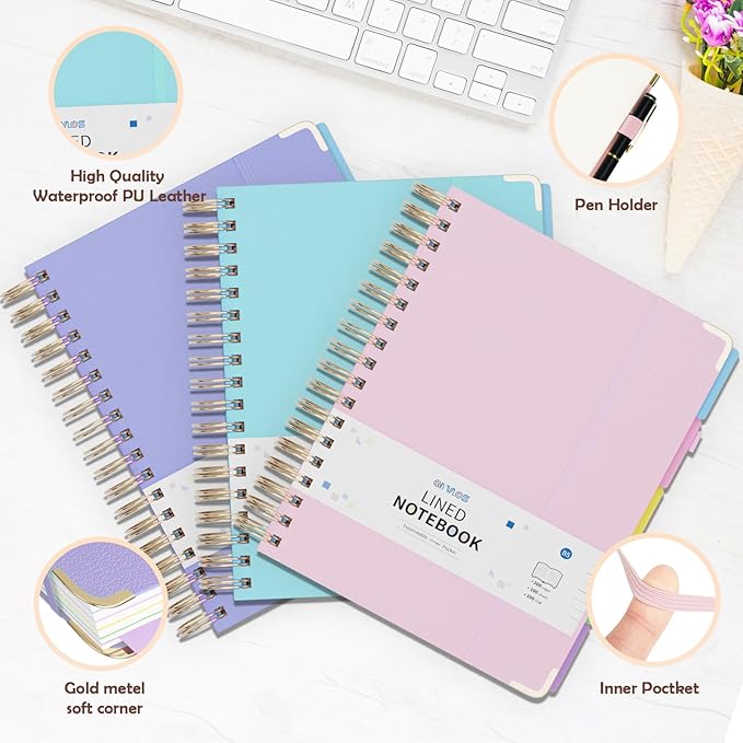 3 Packs Hardcover Spiral Notebook, B5 Journal with Removable Dividers Tabs, 5 Subject Notebook College Ruled, 200 Pages 8"x10" Leather Notebooks for Work School Study, Lined Journal for Women(Pink/Purple/Cyan)