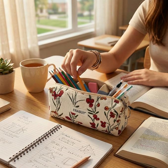 Soft Corduroy Pencil Case Pen Pouch Organizer, Small Stationery Bag | Cute begie wind flower pencil pouch, smooth zipper, daily cosmetics holder, compact organizer for school teen girls, women