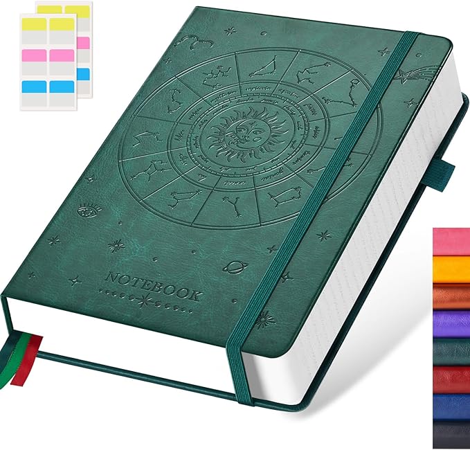 FOCUS DAY Hardcover Notebook Journal, A5 Lined Daily Journal College Ruled Notebook for Women Men, 320 Pages Thick Writing Journal Notebook for School Work, Dark Green Leather Notebook, 5.7'' X 8.4''