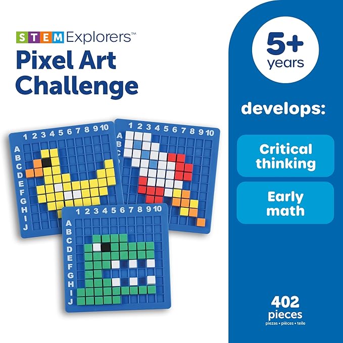 Learning Resources STEM Explorers Pixel Art Challenge - Science Kits & STEM Activities for Kids, Pattern Blocks, Fine Motor Skills, Math Manipulatives, Sorting and Counting, Gifts for Boys and Girls