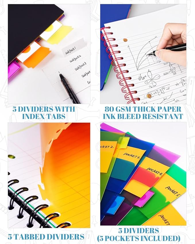 Spiral Notebook - 5 Subject Notebook, College Ruled Notebook With Dividers Pocket, Tabs Label, 11" Ruler, 100 Sheets of 200 Pages, for Writing Journal, Home & Office, School Supplies,