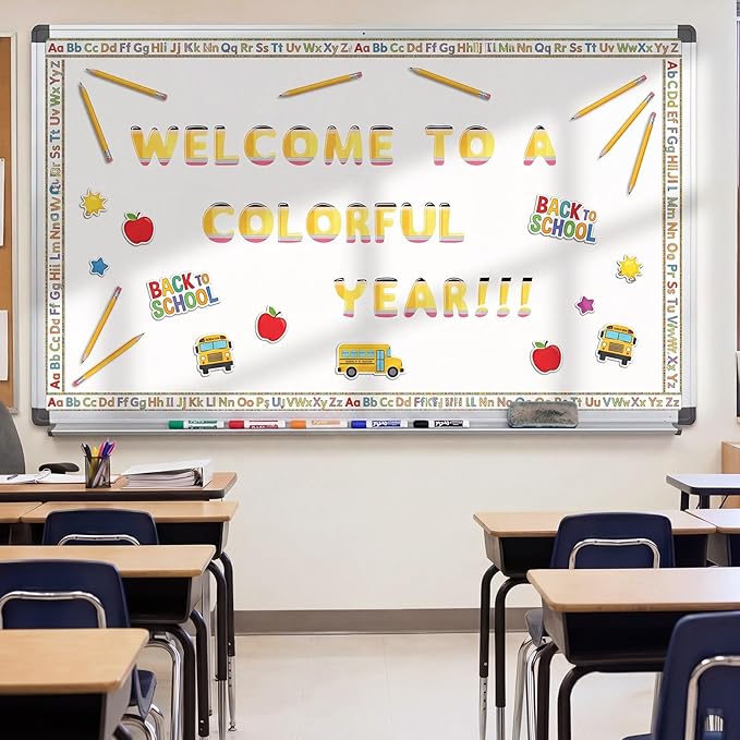 221 Pcs Pencil Bulletin Board Letters, Round Alphabet Number Punctuation Symbol Combo Letter Cutouts, Cute Yellow Classroom Decor for Summer School Classroom Chalkboard Poster Wall