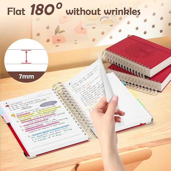 QIYVLOS Hardcover Spiral Notebook, B5 Journal with Removable Dividers Tabs, 5 Subject Notebook College Ruled, 320 Pages 8"x10" Leather Notebooks for Work School Study, Lined Journal for Women, Red